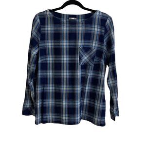 J. Jill Cotton Plaid Pullover Top Blue White Medium
